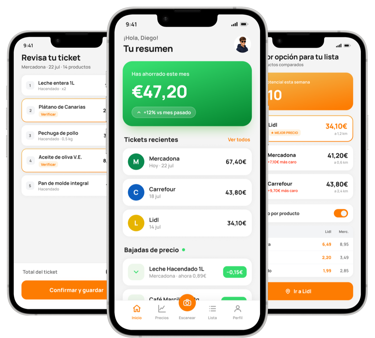 Maquetas de Cesto para revisar un ticket, comparar una cesta y encontrar un supermercado para la lista.