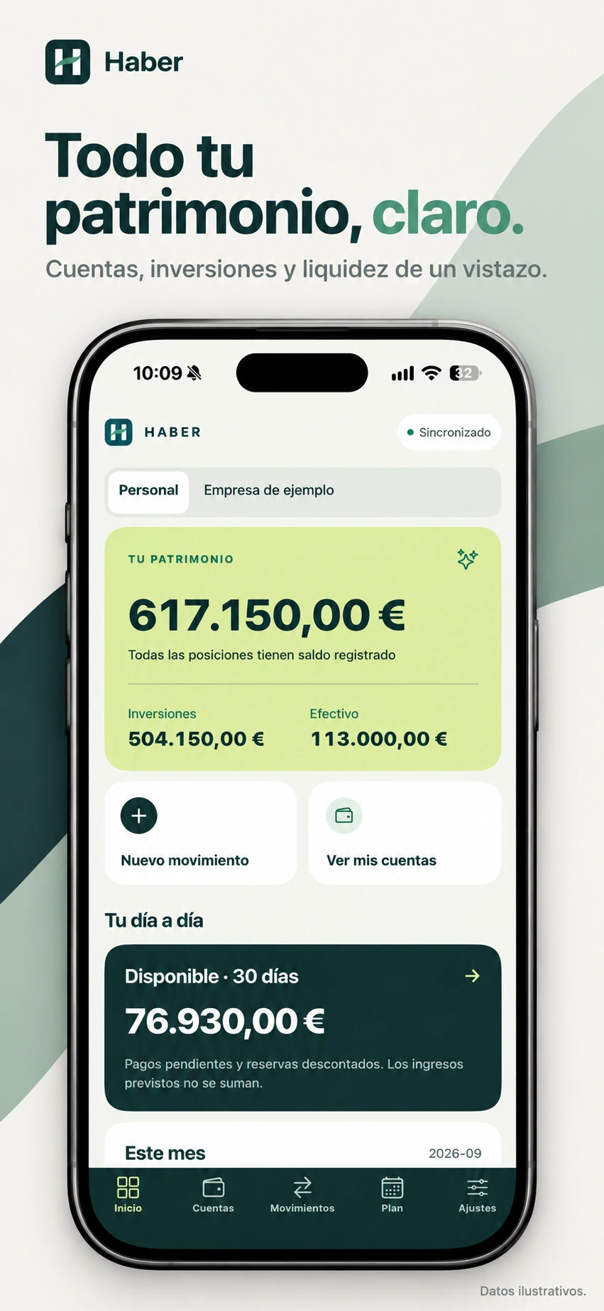 Pantalla de patrimonio de Haber con cuentas, inversiones y efectivo. Datos ilustrativos.