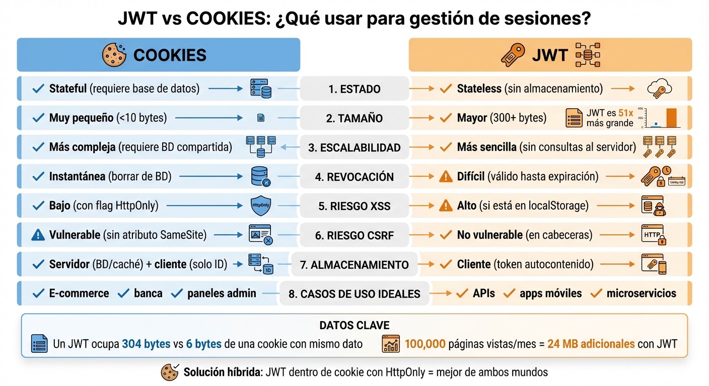 JWT vs Cookies: Comparación completa para gestión de sesiones